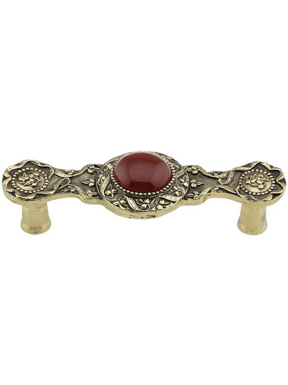 Victorian Jewel Pull Inset with Red Carnelian - 3 inch Center-to-Center in Brite Brass.